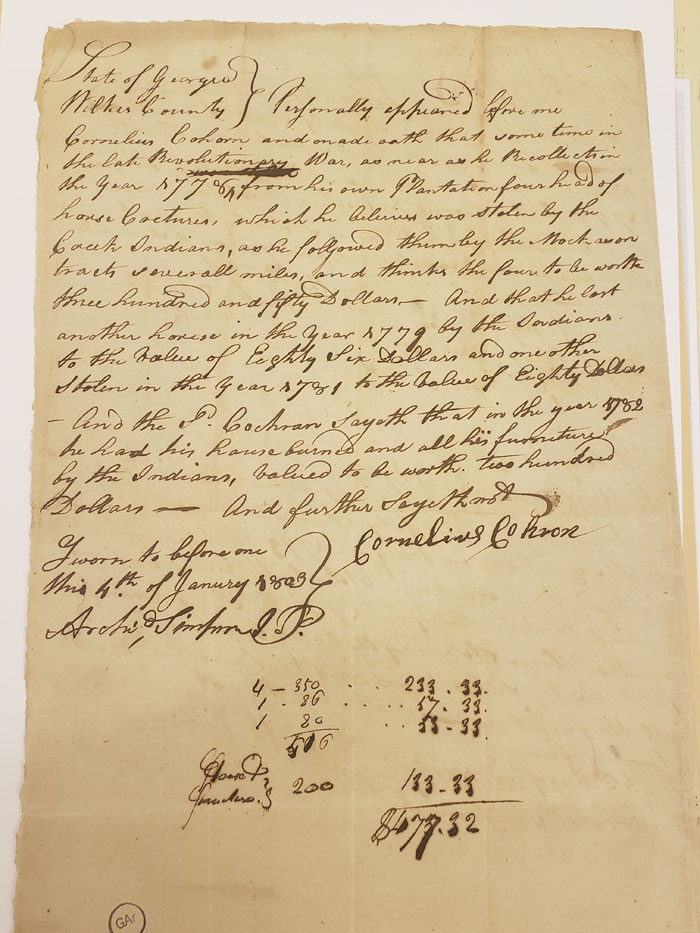 Cornelius Cohron Indian damages claim, courtesy of Marianne Hatton