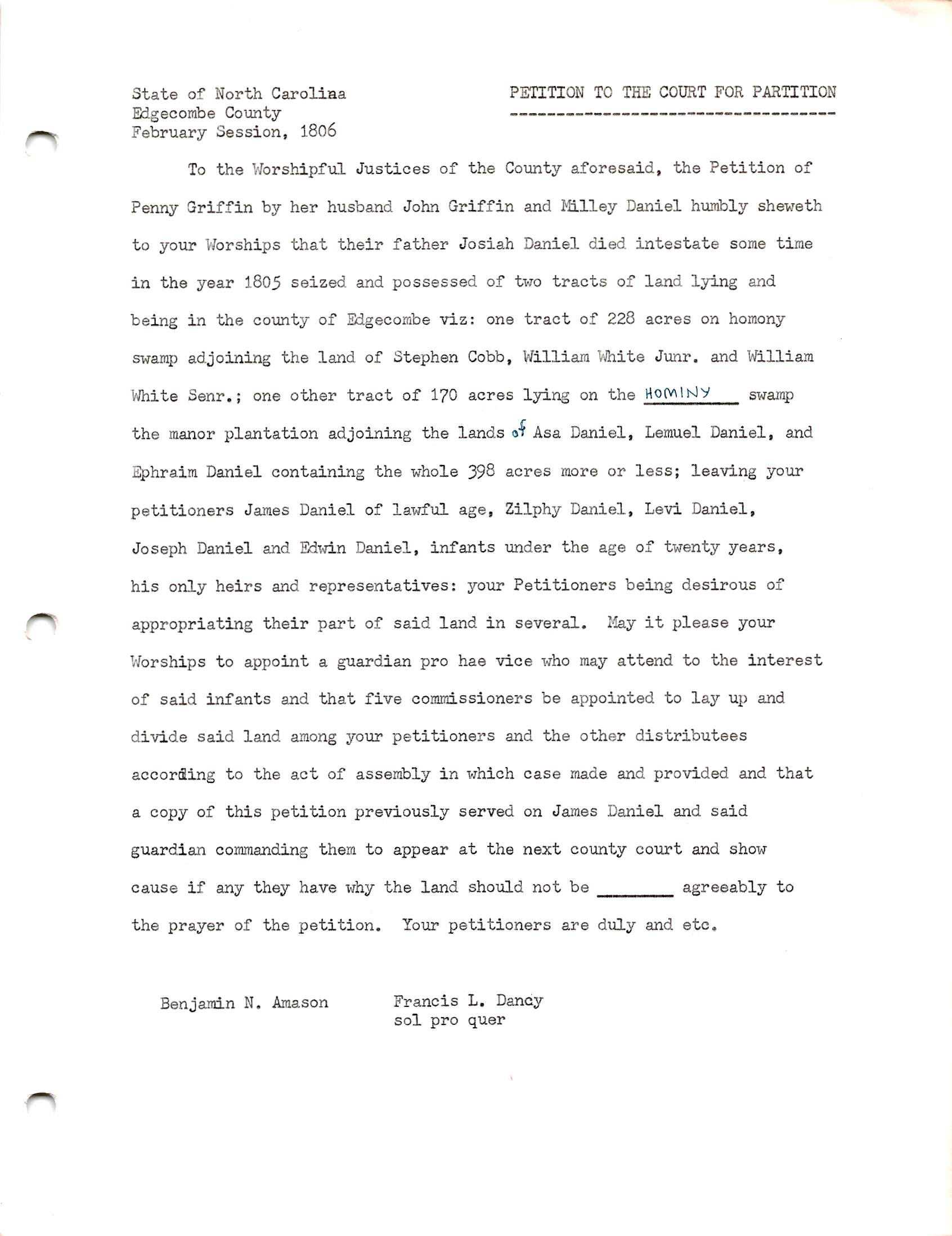 Josiah Daniel partition of land