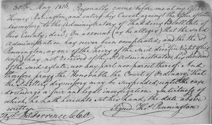 Thomas Pennington Caveat to Thaddeus Beall estate